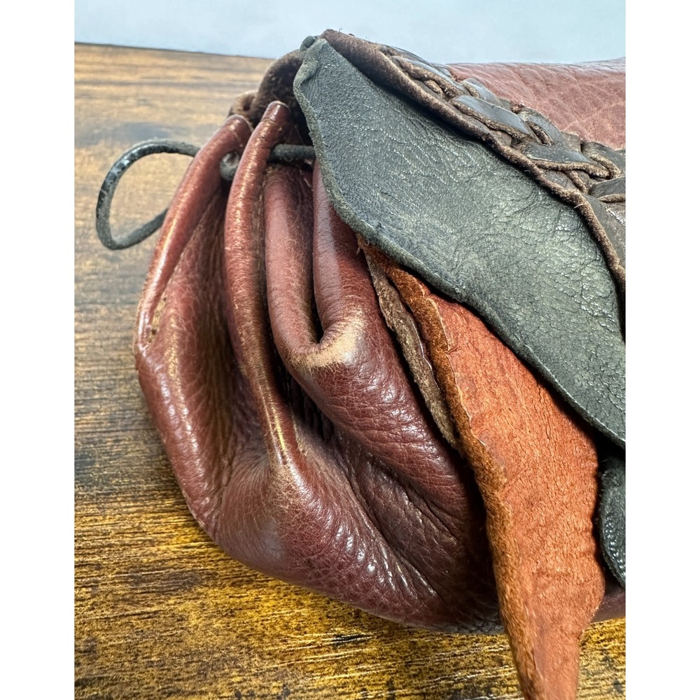 Handmade Artisan Leather Crossbody Pouch Bag Brown Patchwork Bone Button Boho - Picture 6 of 16